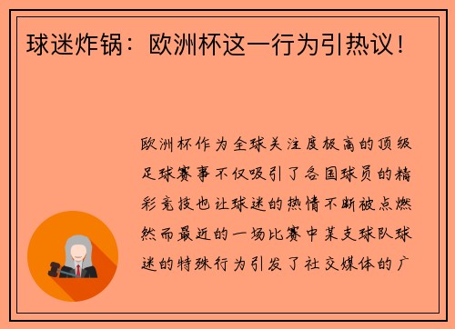 球迷炸锅：欧洲杯这一行为引热议！